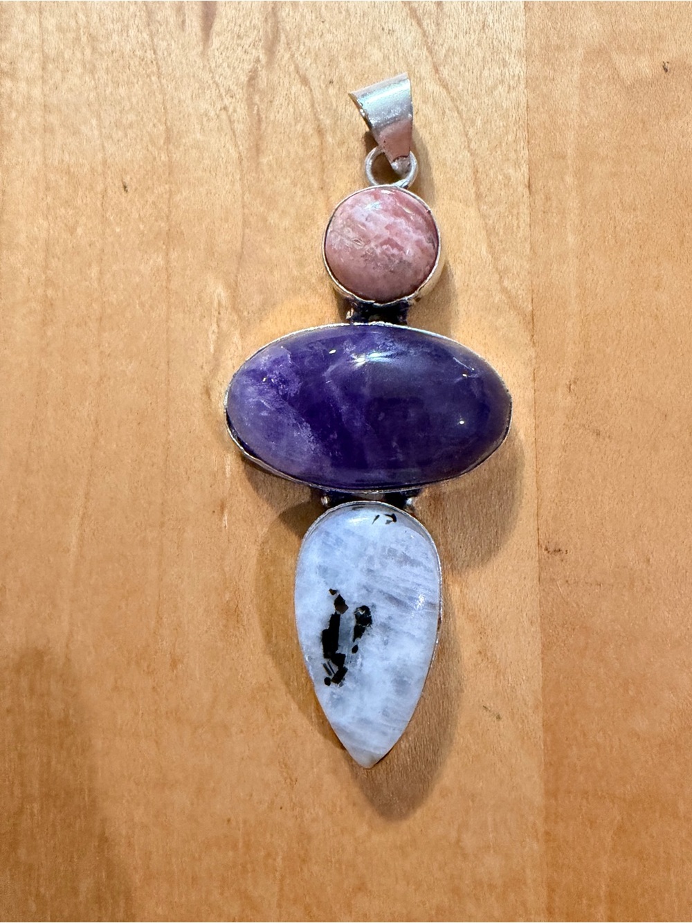 Rhodochrosite, Amethyst, & Moonstone Pendant Necklace - 925 Plated/Stamped